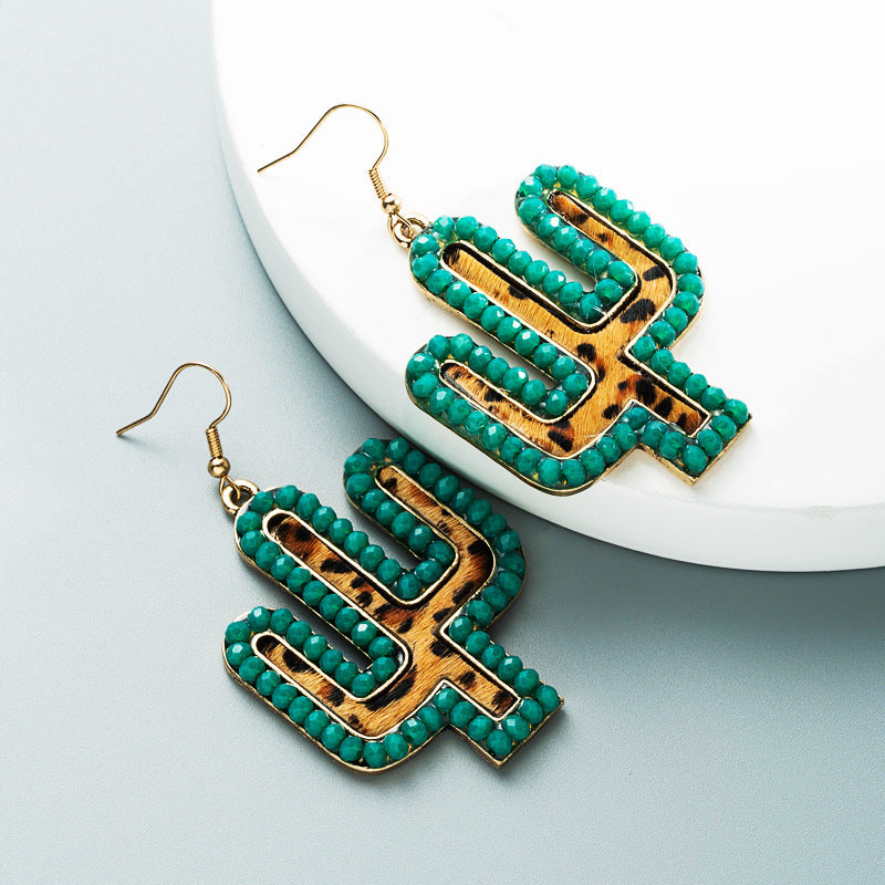 Wholesale Vintage leather exaggerated crystal leopard print earrings